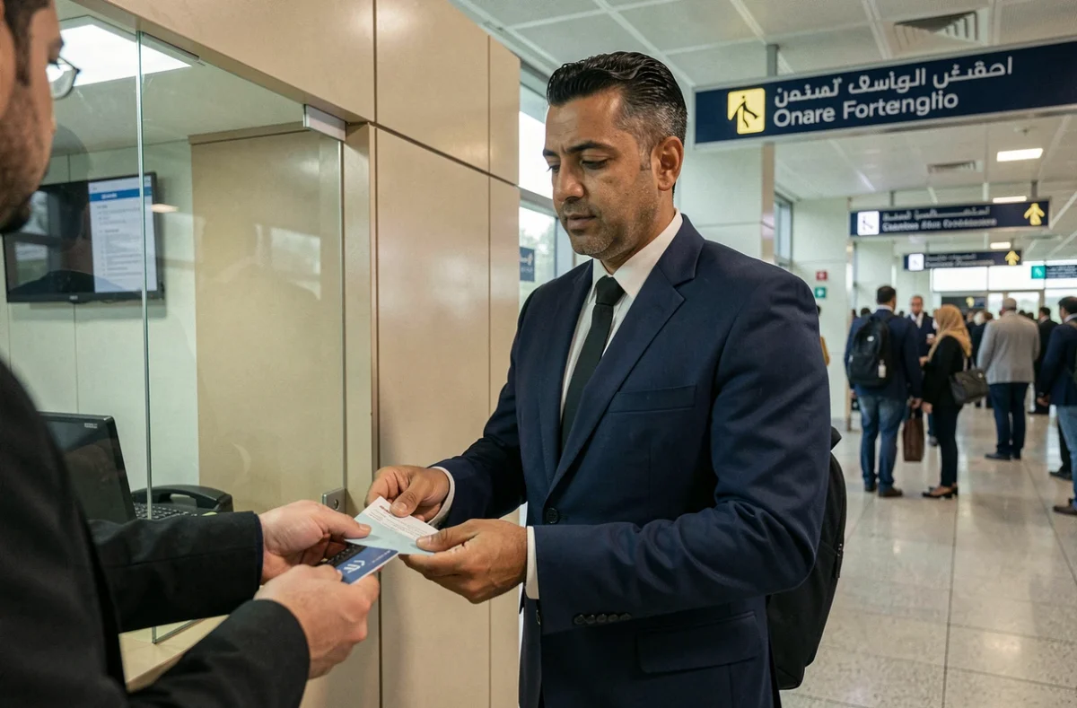 Agent des contrôles aux frontières vérifiant les passeports au poste de contrôle de l'aéroport Al Massira de Souss-Massa