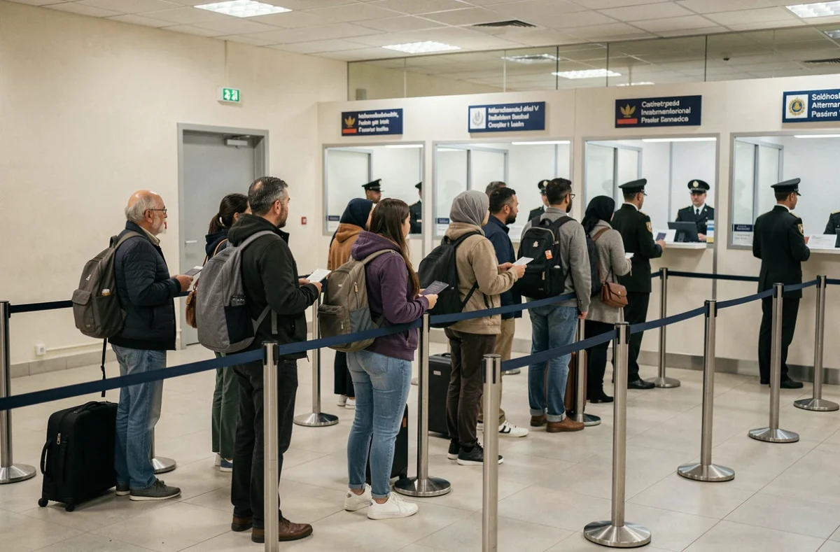 File d'attente au contrôle des passeports de l'aéroport Mohammed V de Casablanca avec des voyageurs et des agents de douane