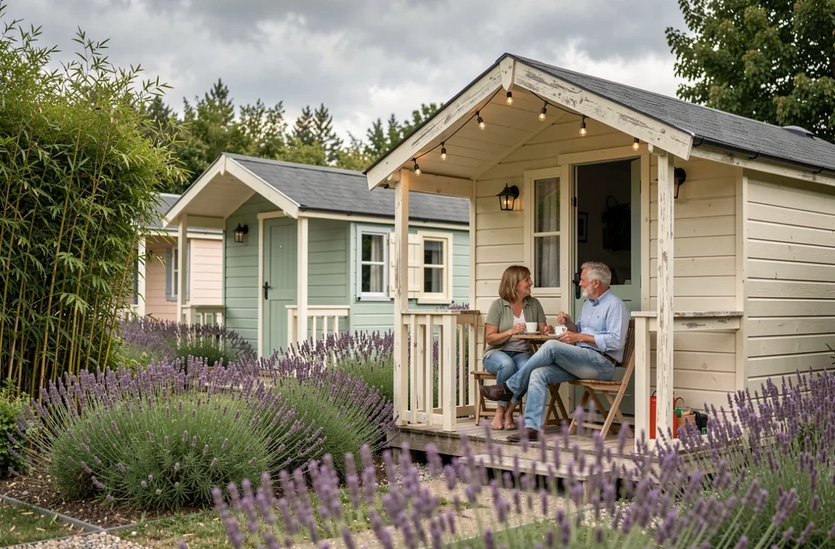 CosyCamp avec ses petits chalets en bois colorés entourés de lavande et bambous, atmosphère cosy et intimiste