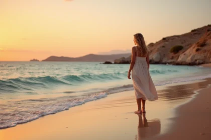 Femme contemplant le coucher de soleil sur une plage de sable près d'Héraklion en Crète, reflets dorés sur la mer turquoise