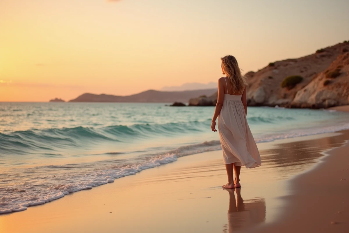 Femme contemplant le coucher de soleil sur une plage de sable près d'Héraklion en Crète, reflets dorés sur la mer turquoise