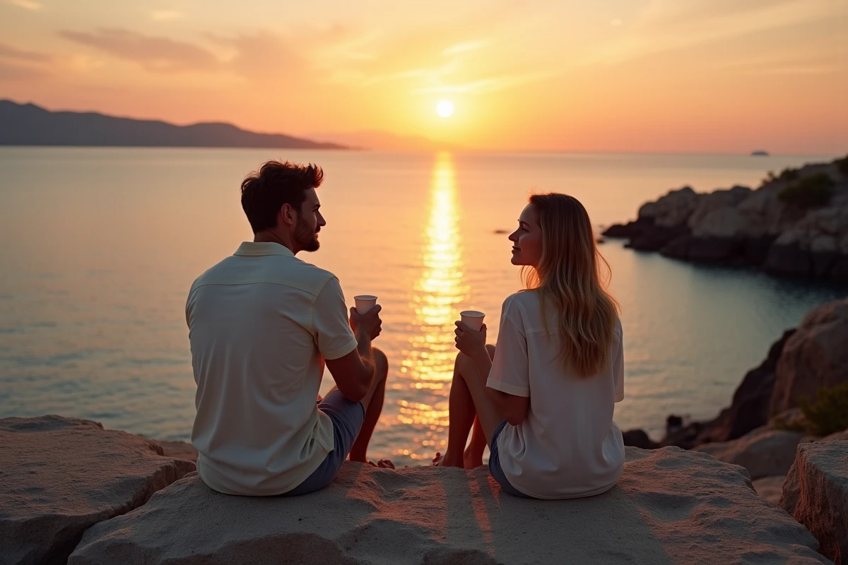 Couple assis sur des rochers contemplant le coucher de soleil sur la mer en Crète près d'Héraklion
