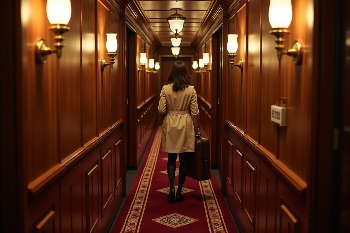 Couloir intérieur d'un wagon-lit de l'Orient Express avec une voyageuse et décoration Art Déco en bois de mahogany