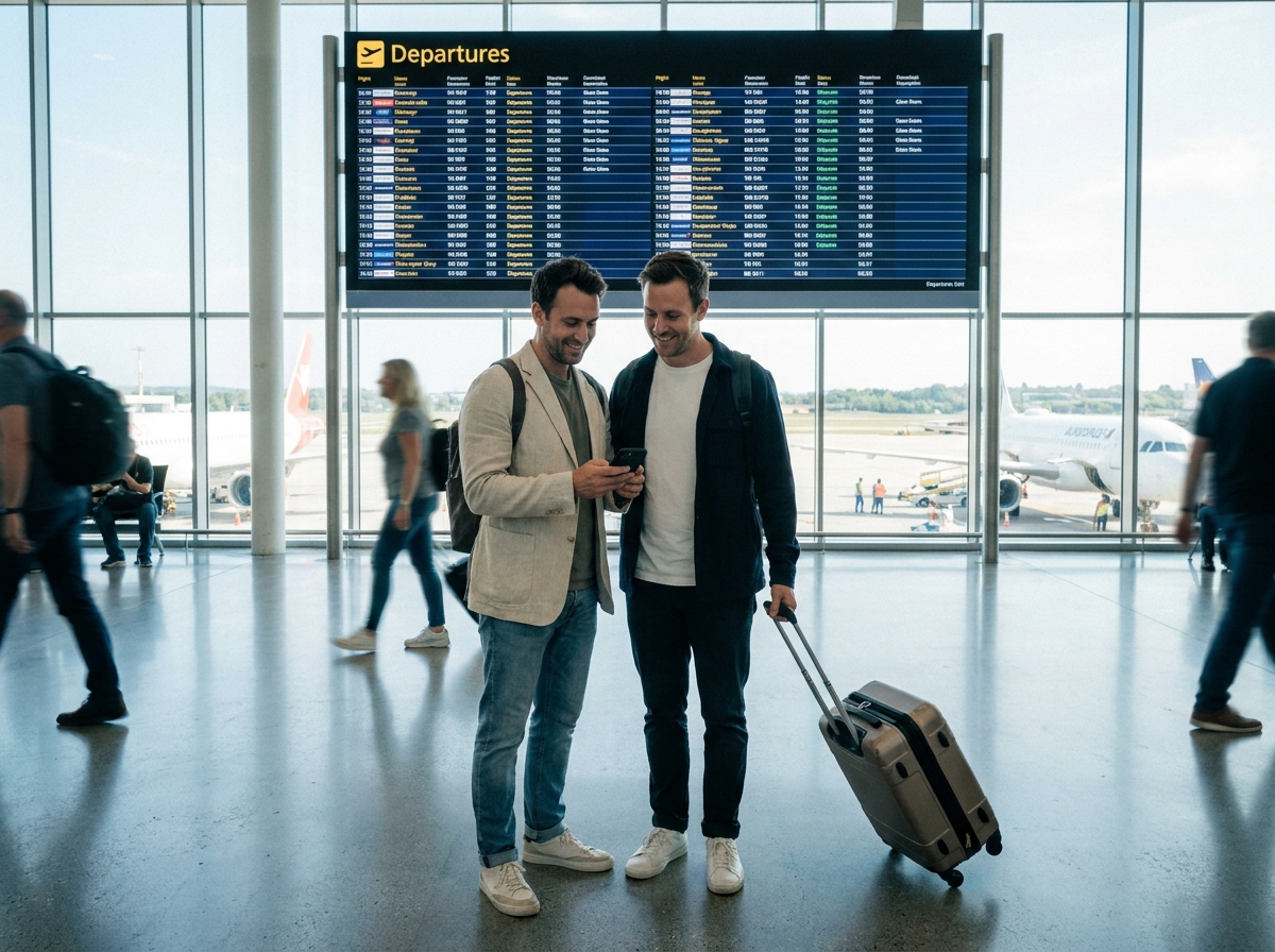 Couple à l'aéroport international consultant leur téléphone avant un départ en long week-end à l'étranger