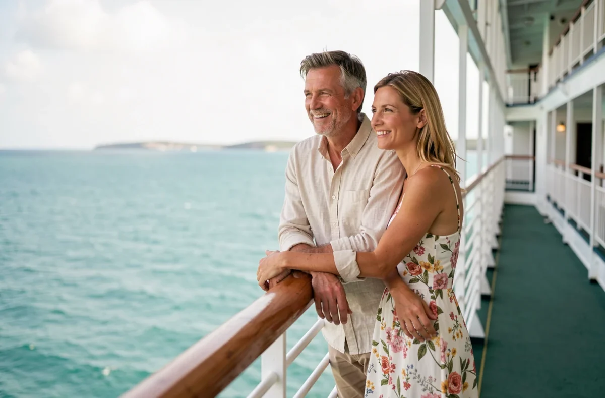 Couple de voyageurs sur le balcon de leur cabine à bord d'un grand paquebot de croisière avec vue sur l'océan