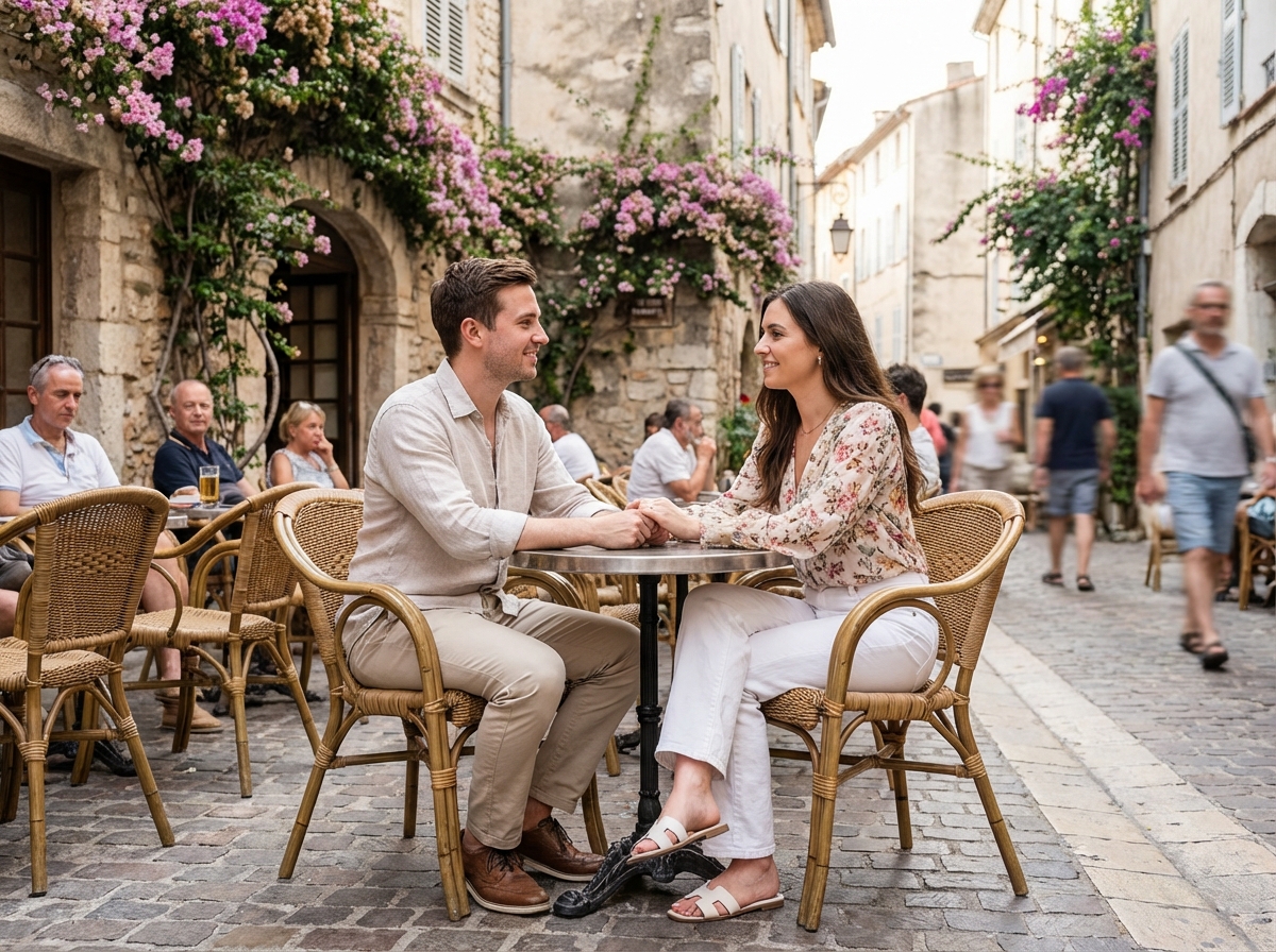 Jeune couple au café dans la vieille ville de Cannes