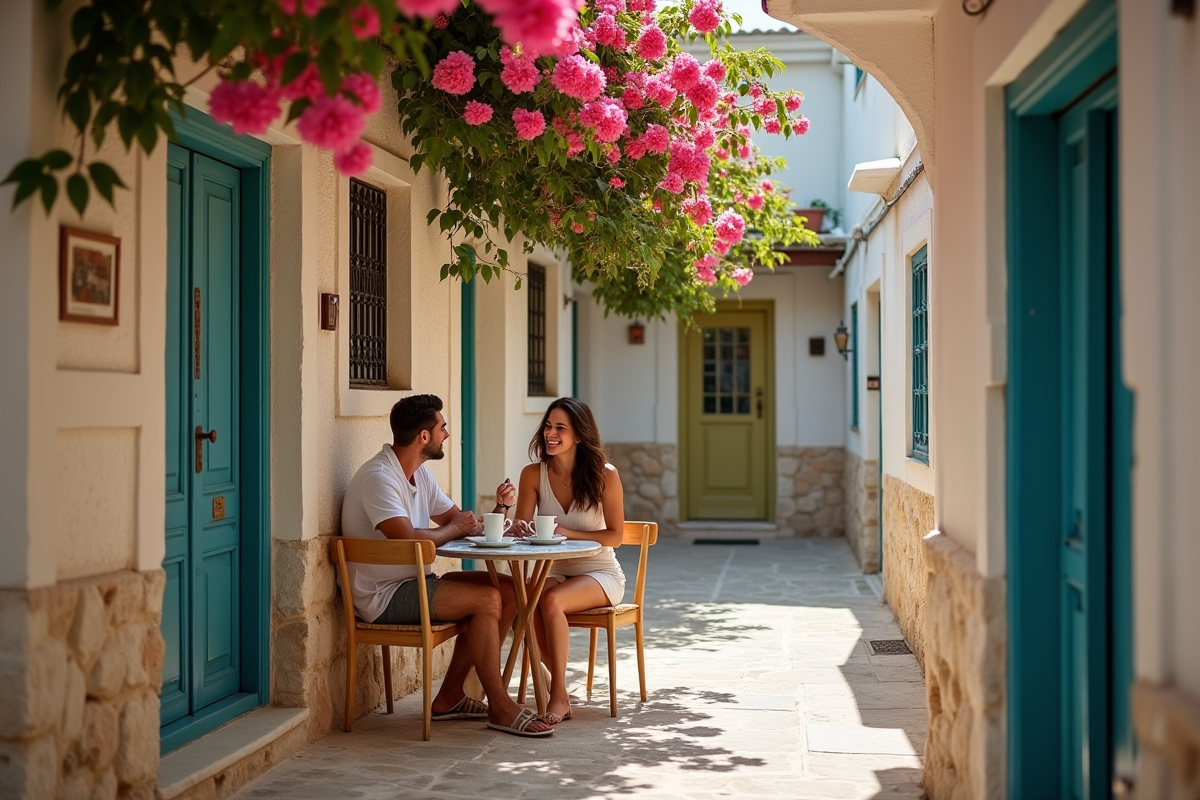 Jeune couple au café près du port de Chania