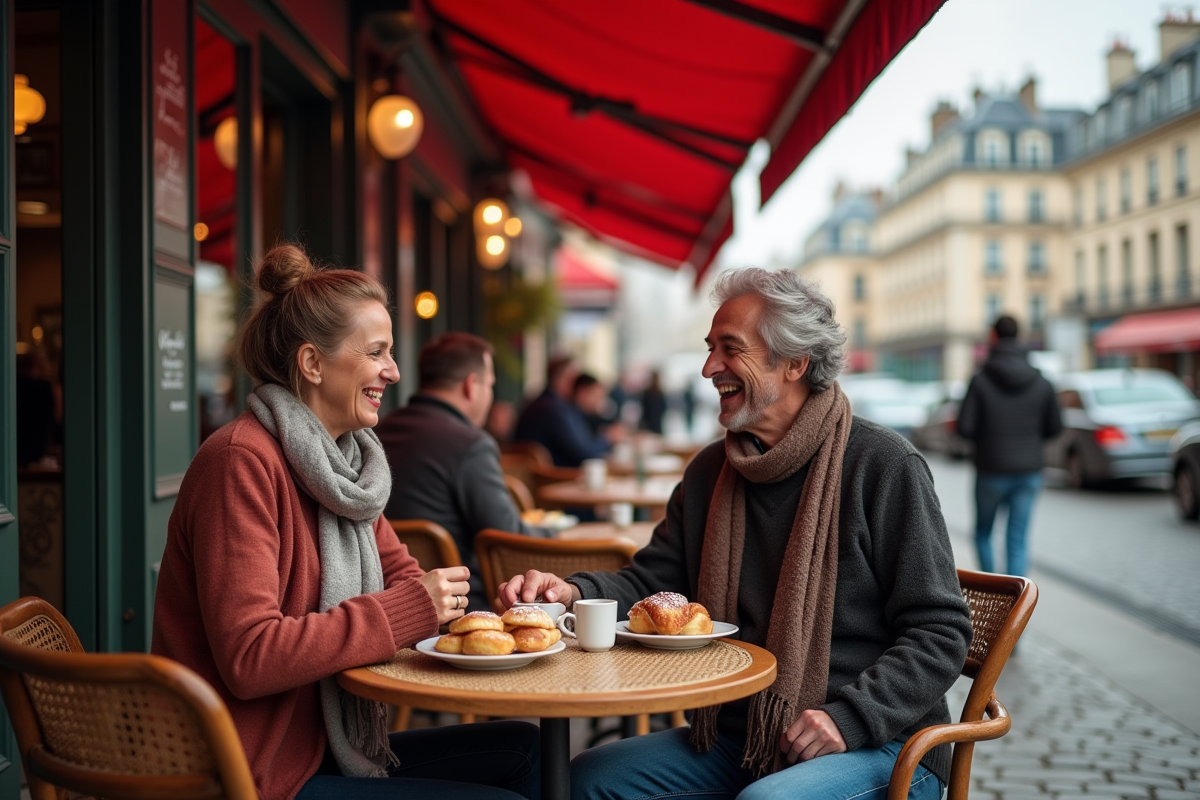 Couple assis dans un café parisien en terrasse