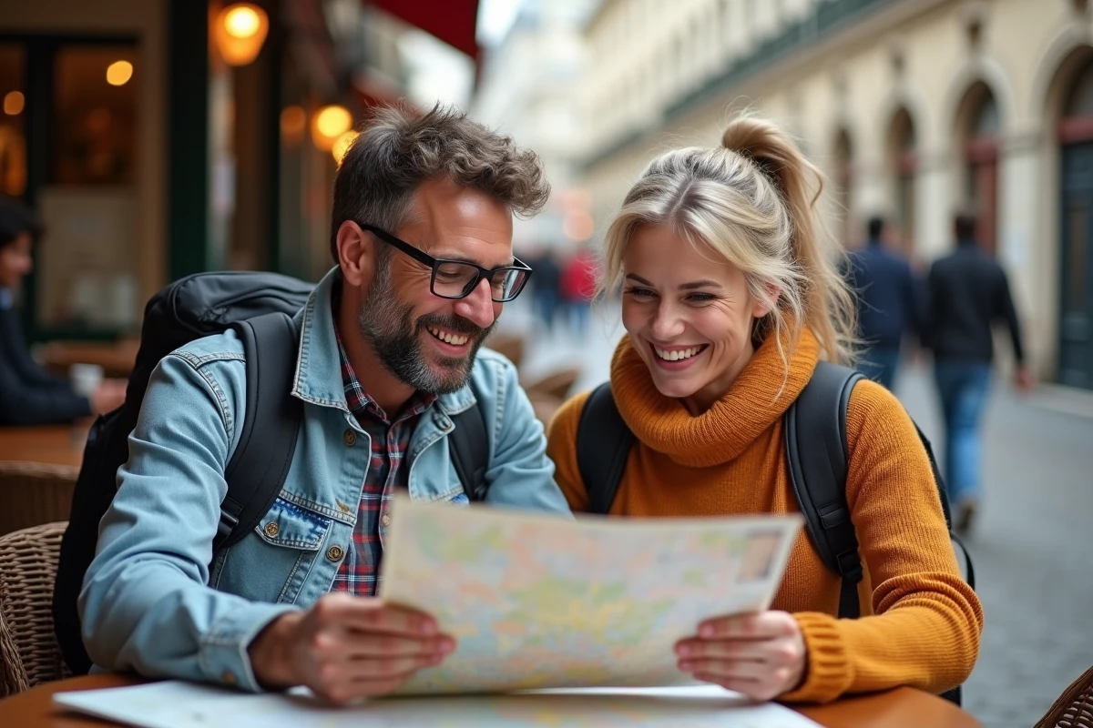 Couple souriant consultant une carte dans un café parisien