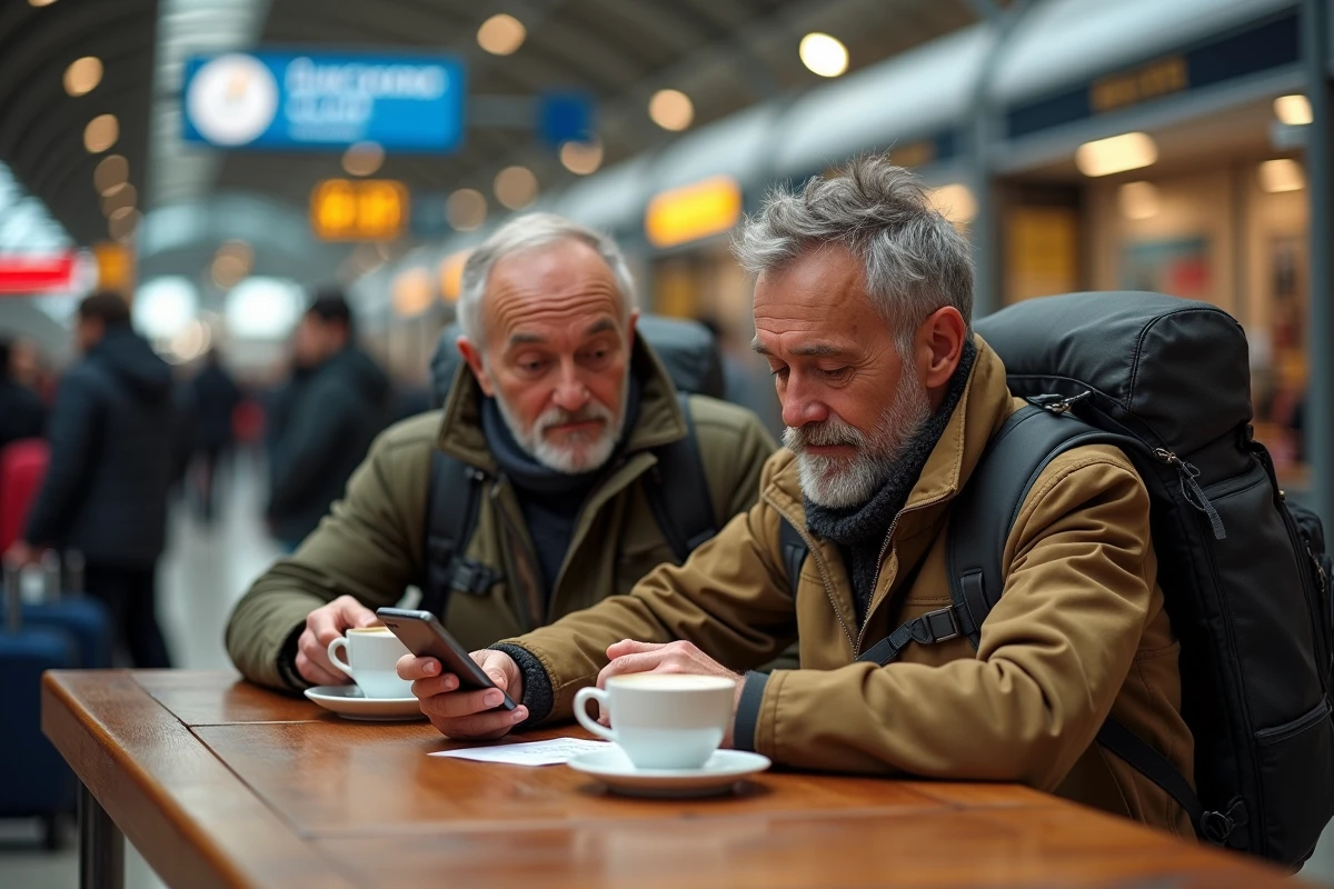 Couple planifiant voyage en train à Lyon en intérieur