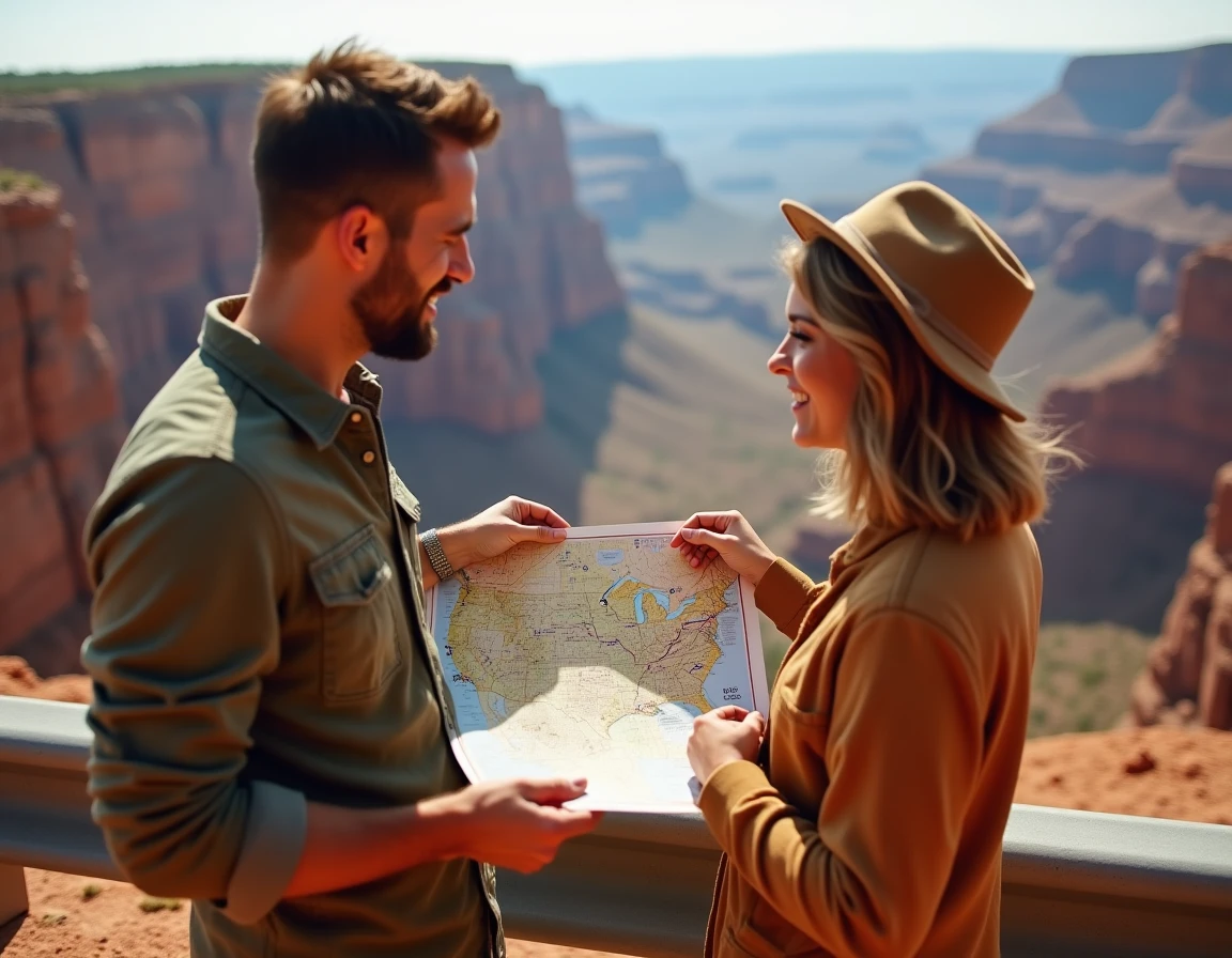 Couple consultant une carte routière des États-Unis devant un panorama de canyon dans l'Ouest américain
