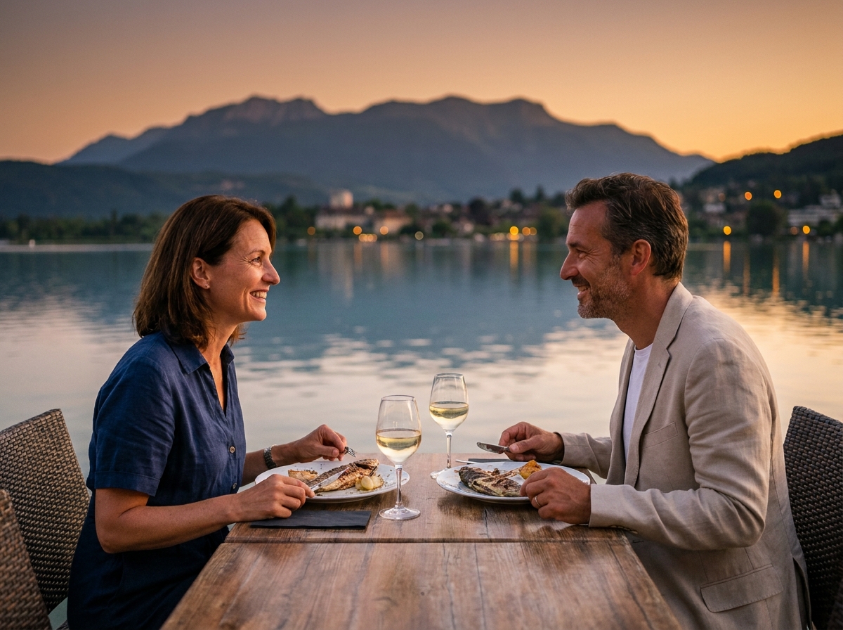 Couple dînant en terrasse au bord du lac d'Annecy avec vue sur les montagnes, soirée gastronomique romantique