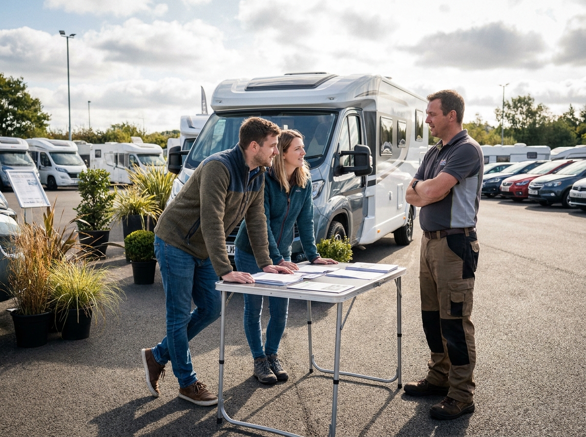 Jeune couple discutant avec un vendeur de camping-car en extérieur