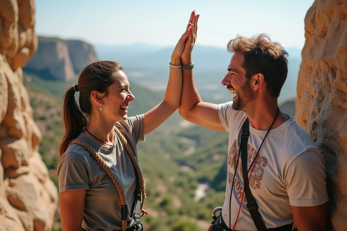 Couple d'alpinistes célébrant l'arrivée au sommet d'une voie d'escalade en plein air pour leur voyage de noces aventure