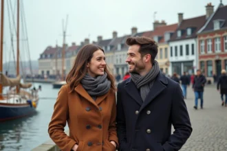 Jeune couple souriant sur le quai d'Honfleur