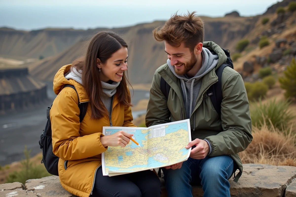 Couple planifiant un itinéraire de road trip volcanique aux Champs Phlégréens près de Naples avec une carte détaillée