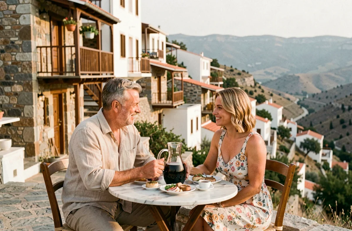 Couple attablé devant un kafeneion traditionnel dans un village perché de Karpathos avec vue panoramique sur la vallée