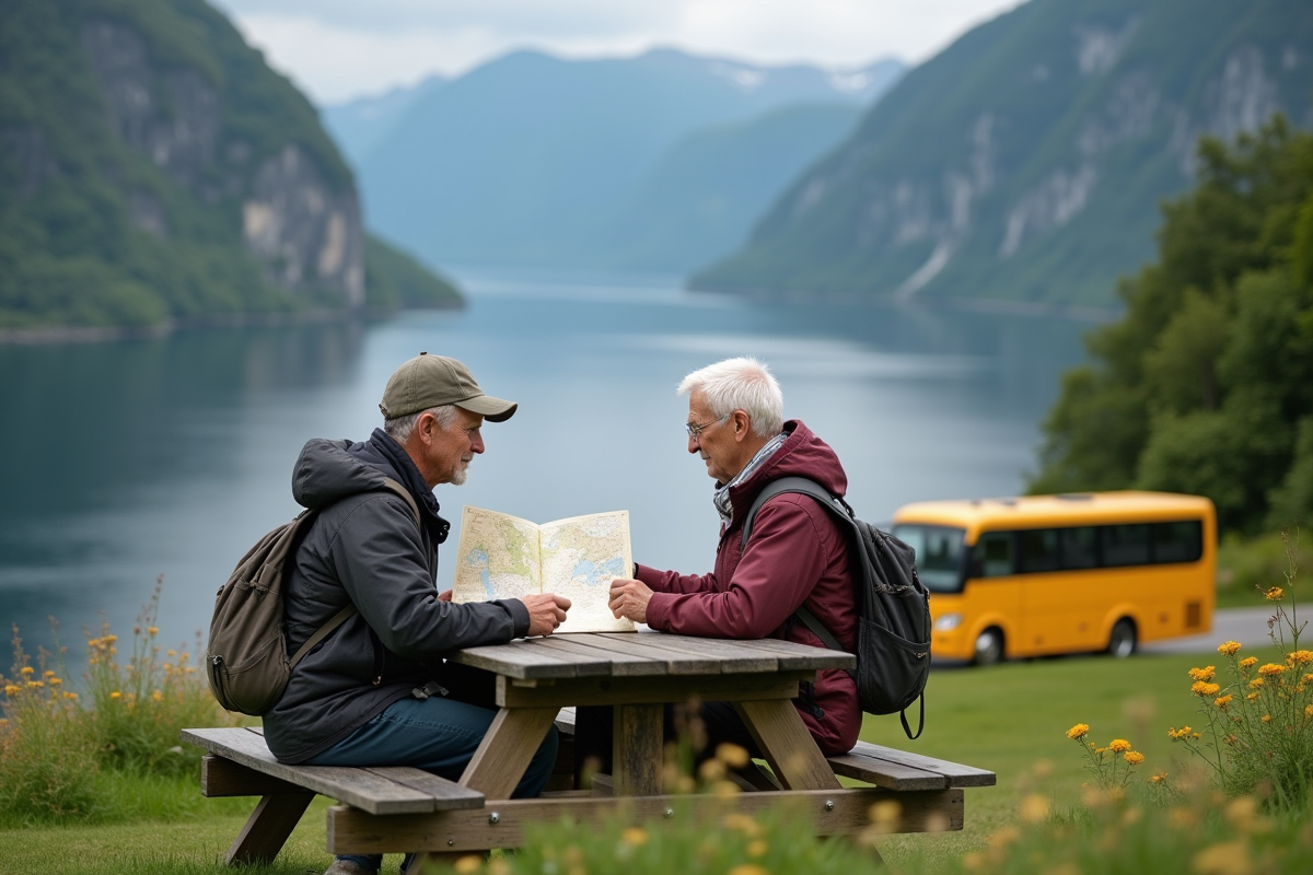 Couple âgé consultant une carte au bord du fjord de Geiranger