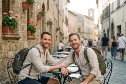 Deux hommes voyageant en couple assis à une terrasse de café à l'étranger, main dans la main, illustrant le voyage LGBTQ+ serein