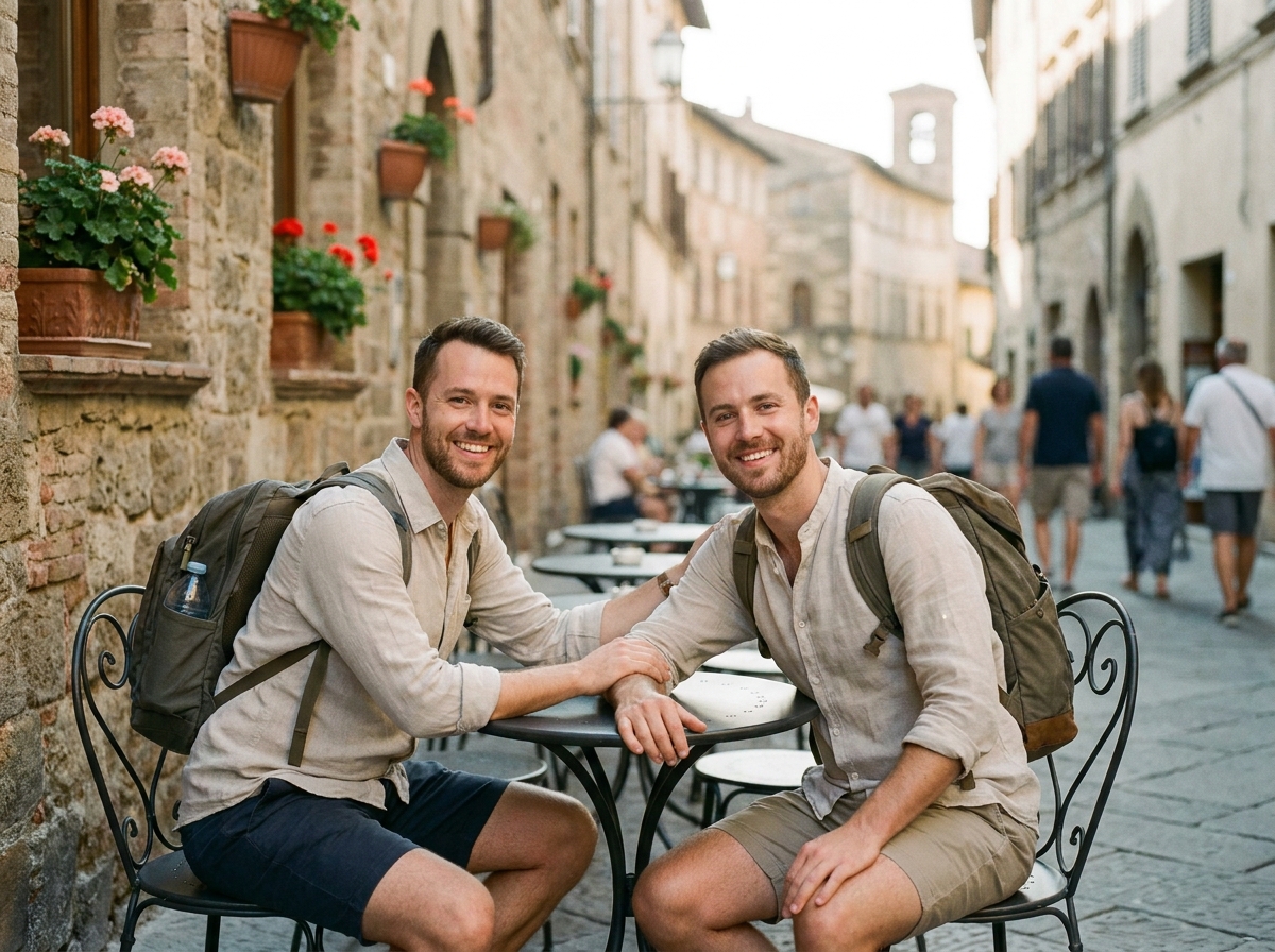 Deux hommes voyageant en couple assis à une terrasse de café à l'étranger, main dans la main, illustrant le voyage LGBTQ+ serein