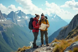 Couple en randonnée sur une crête montagneuse consultant une carte topographique lors de leur lune de miel aventure