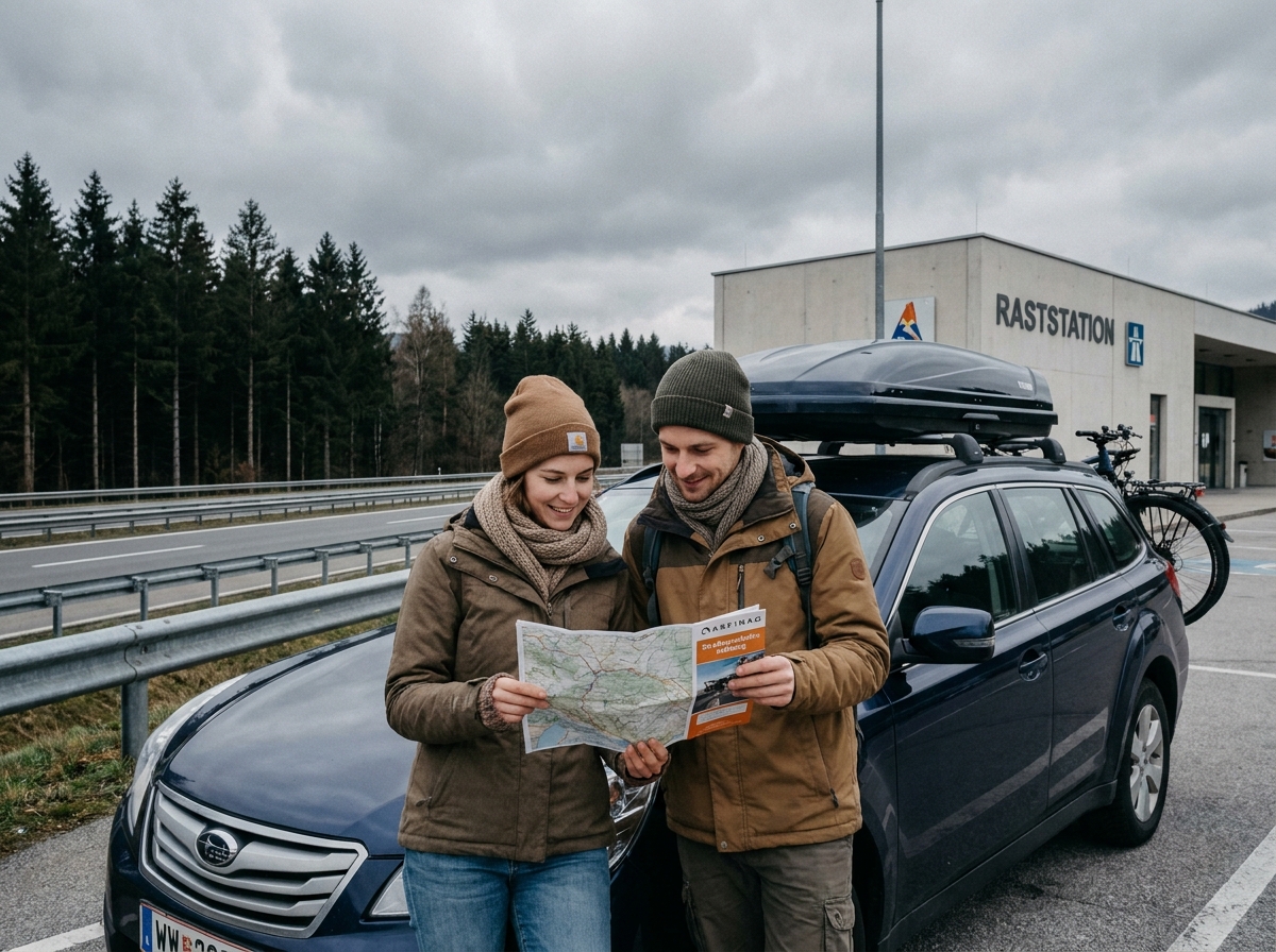 Couple consultant les règles de circulation autrichiennes près de leur voiture dans une aire d'autoroute en Autriche