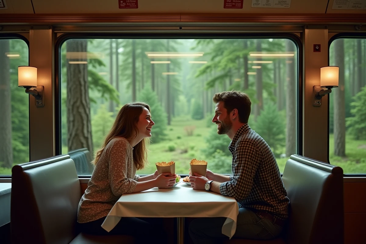 Couple souriant en train de déjeuner dans le wagon-restaurant d'un Amtrak traversant la forêt du Pacifique Nord-Ouest