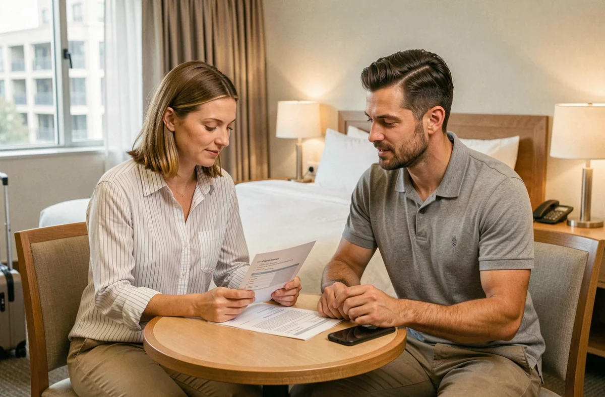 Couple consultant une confirmation de réservation d'hôtel ibis Libourne dans une chambre standard