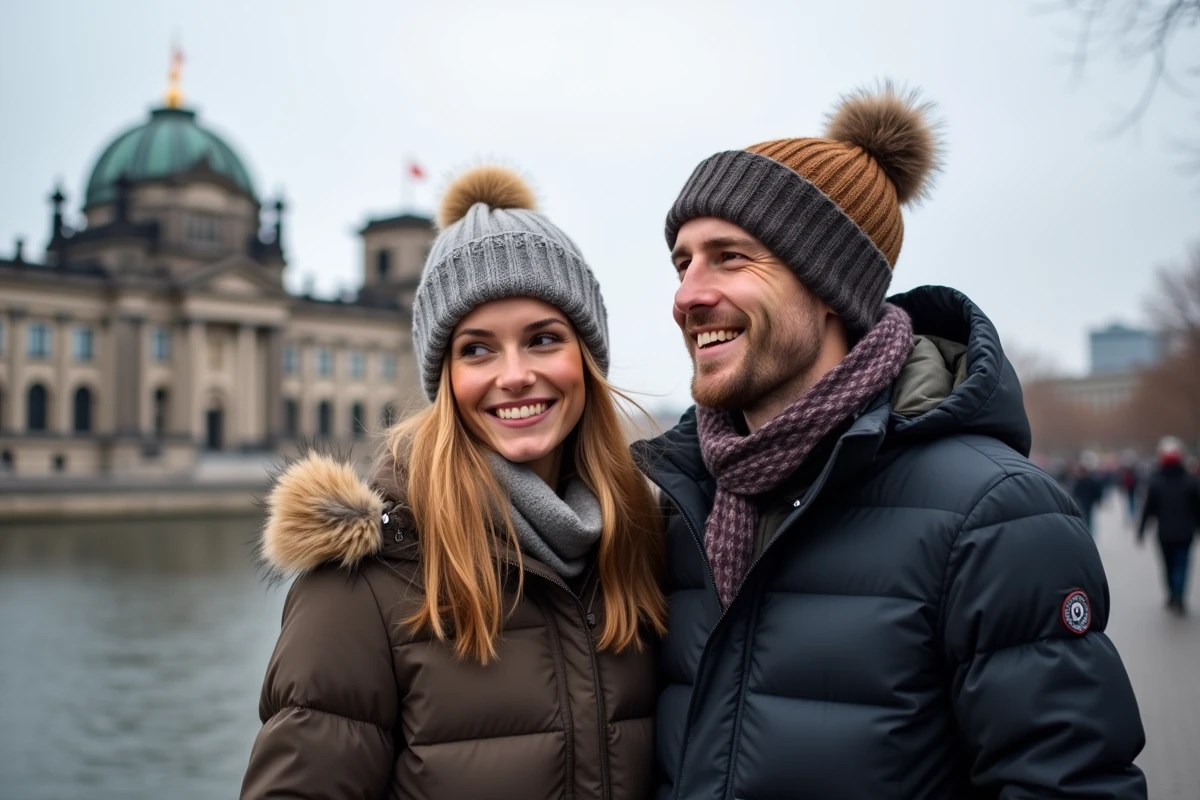 Jeune couple souriant au bord de la rivière à Berlin
