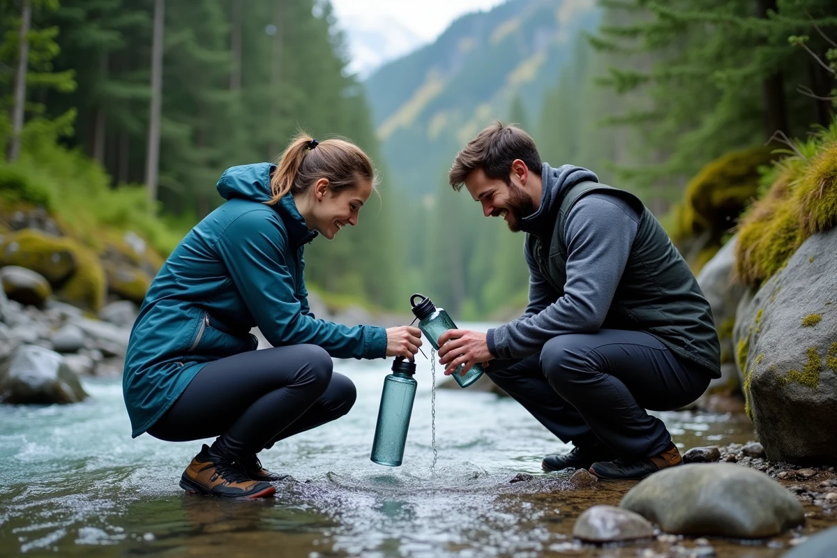 Couple filtrant de l'eau dans une rivière glaciaire en forêt lors d'une lune de miel itinérante
