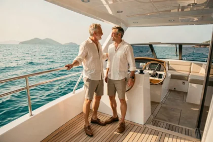 Couple élégant à bord d'un yacht de luxe en croisière privée en Méditerranée