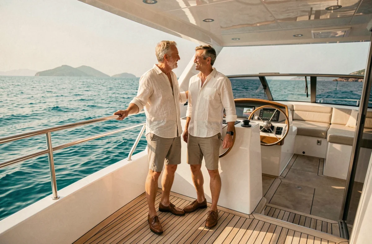 Couple élégant à bord d'un yacht de luxe en croisière privée en Méditerranée