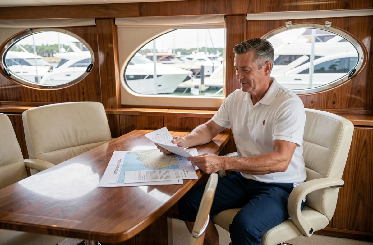 Courtier maritime présentant un contrat de location de yacht à bord d'un salon de superyacht