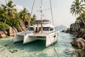 Catamaran blanc ancré dans un lagon turquoise aux Seychelles entouré de rochers granitiques et de végétation tropicale
