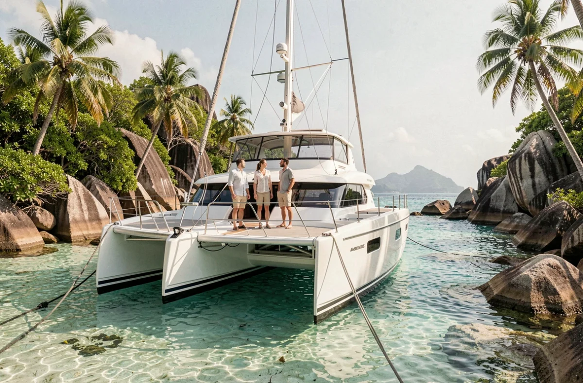 Catamaran blanc ancré dans un lagon turquoise aux Seychelles entouré de rochers granitiques et de végétation tropicale