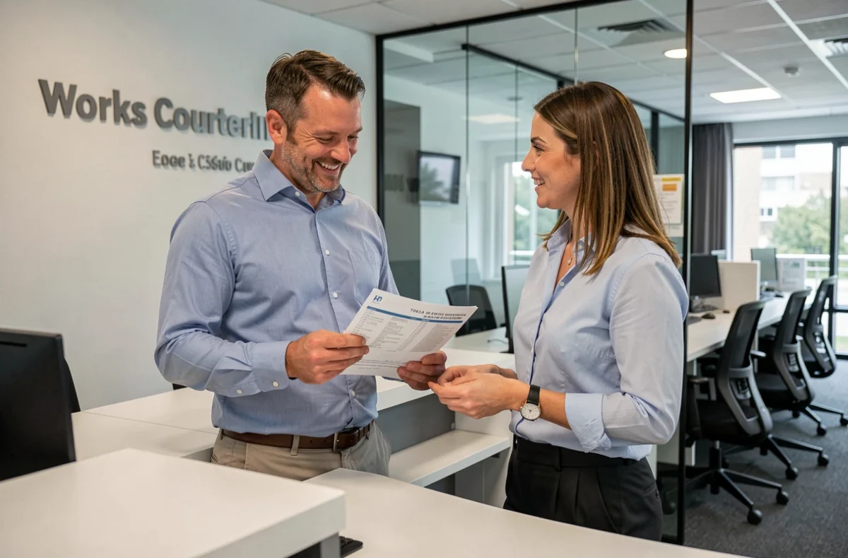 Responsable CSE et collègue examinant des documents de voyage avec des remises dans un bureau d'entreprise