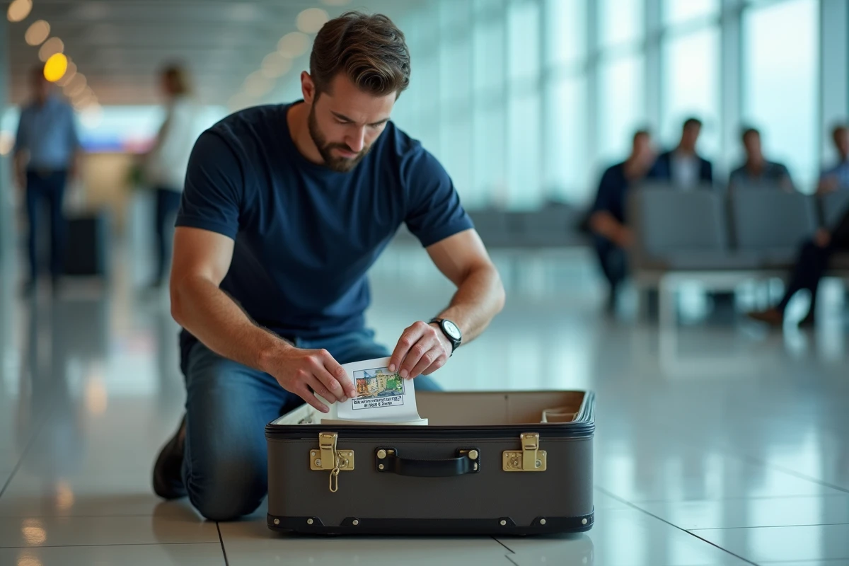 Homme décollant le dos d'un autocollant de voyage avant de le coller sur une valise dans un aéroport