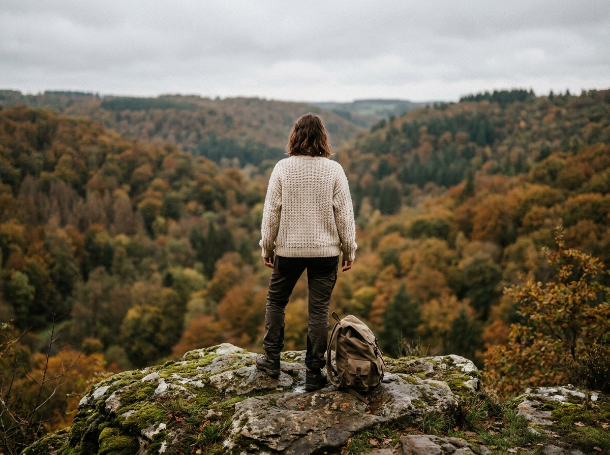Femme en pull chunky observant la vallée boisée de l'Ardenne en automne depuis un rocher moussu