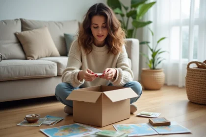 Femme découvrant le contenu de La Box Voyageuse avec des objets artisanaux et une carte dépliée sur un parquet en bois