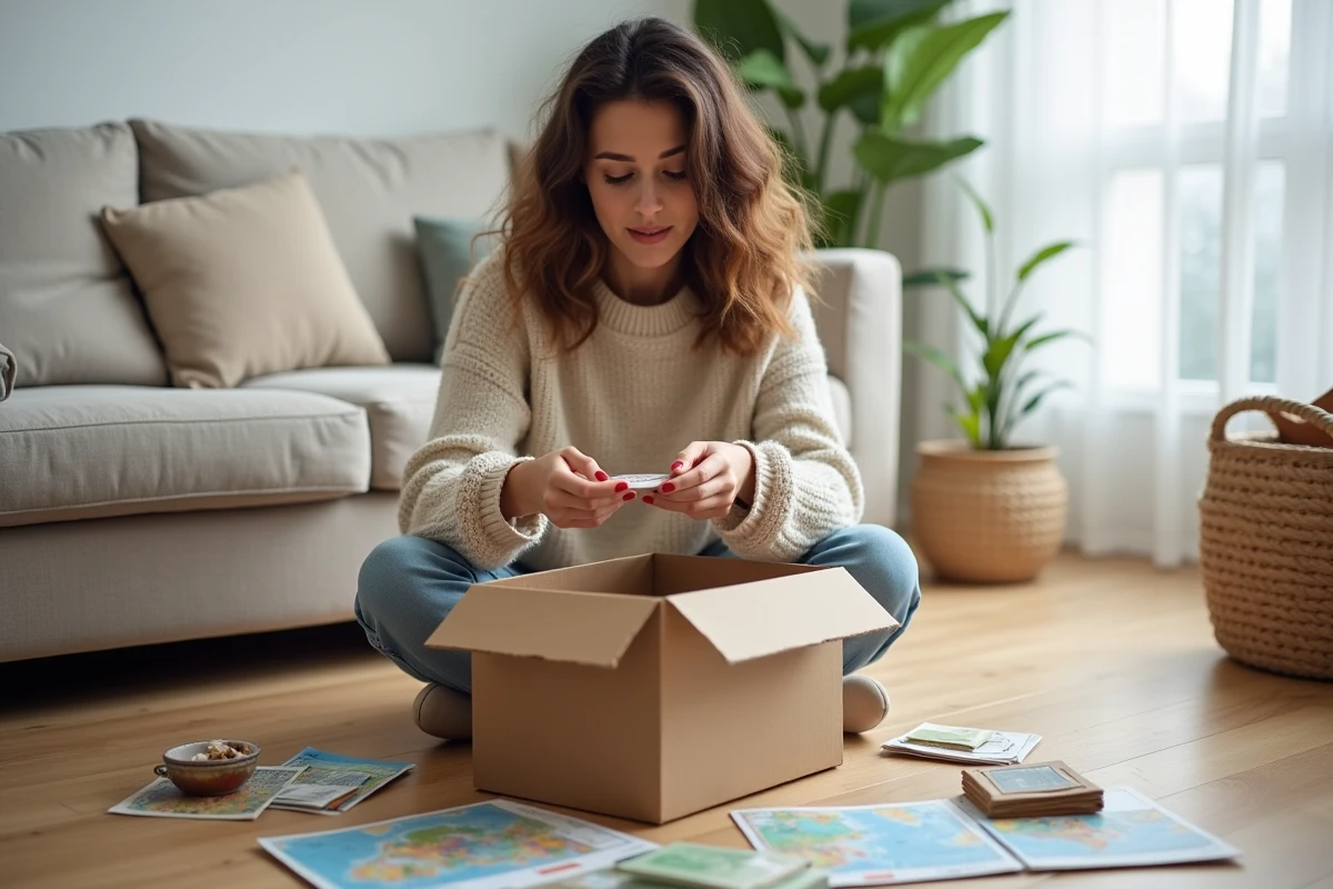 Femme découvrant le contenu de La Box Voyageuse avec des objets artisanaux et une carte dépliée sur un parquet en bois