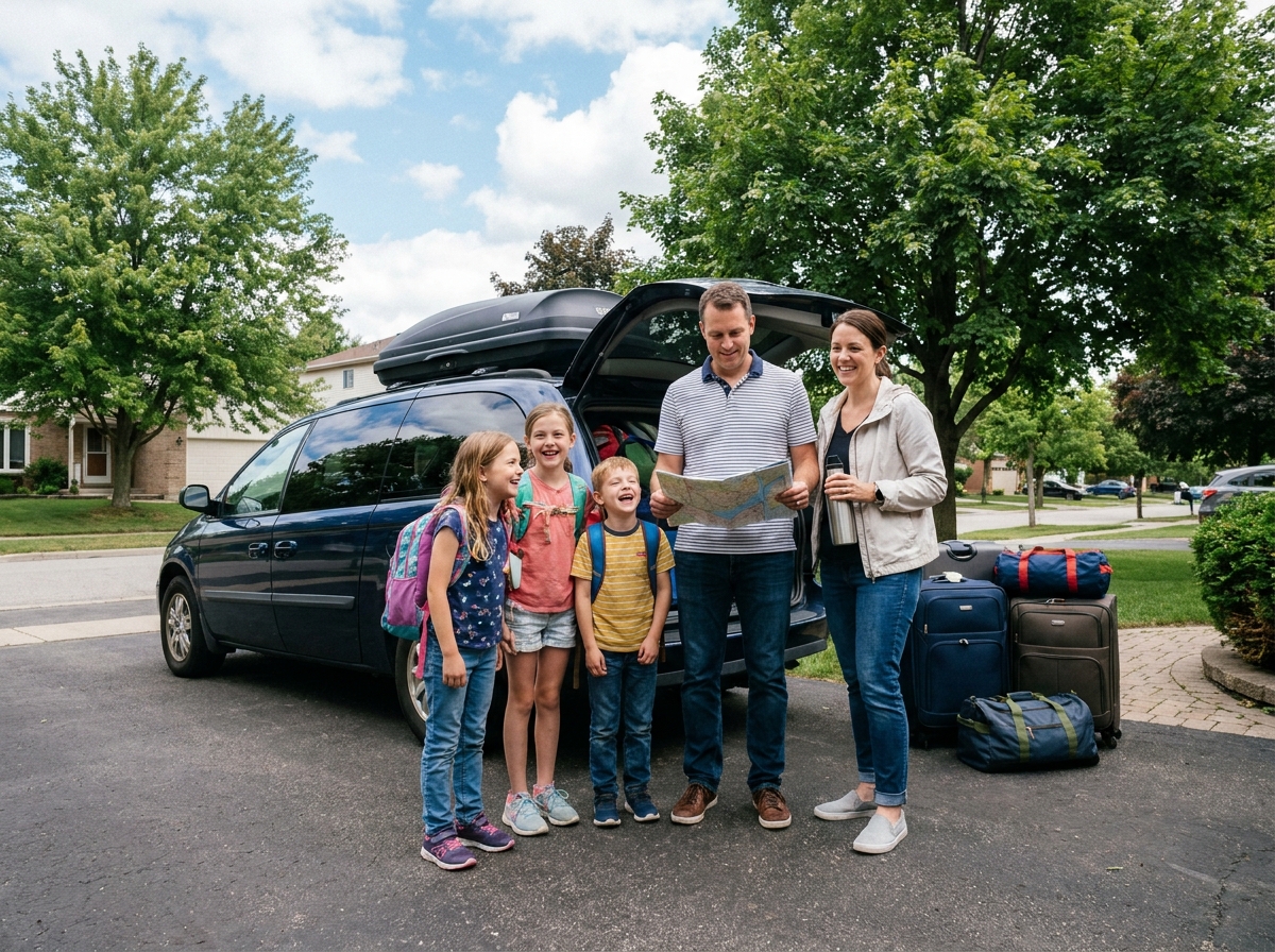 Famille prête à partir en vacances devant un minivan chargé de bagages en été