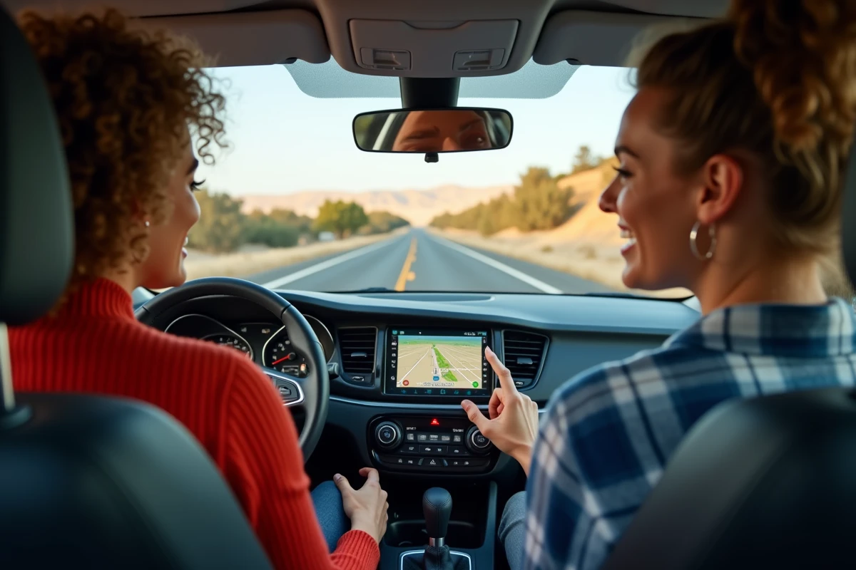 Deux jeunes femmes dans une voiture regardant le GPS en souriant