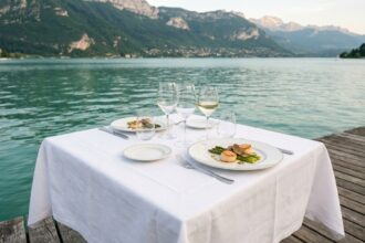 Table dressée au bord du lac d'Annecy avec vue panoramique sur les Alpes, restaurant gastronomique en plein air