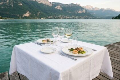 Table dressée au bord du lac d'Annecy avec vue panoramique sur les Alpes, restaurant gastronomique en plein air