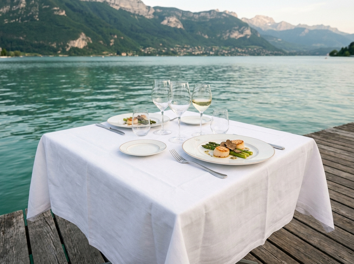 Table dressée au bord du lac d'Annecy avec vue panoramique sur les Alpes, restaurant gastronomique en plein air