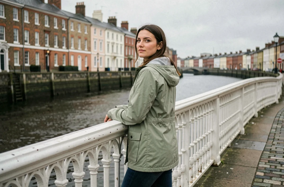 Femme sur le Ha'penny Bridge à Dublin regardant la rivière Liffey par temps nuageux typique irlandais