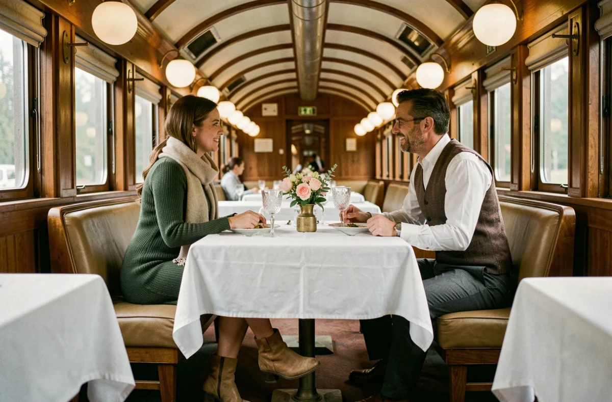 Deux voyageurs en tenues chic décontractées dînant dans le wagon-restaurant vintage de l'Orient Express avec vaisselle élégante et décor Art Déco