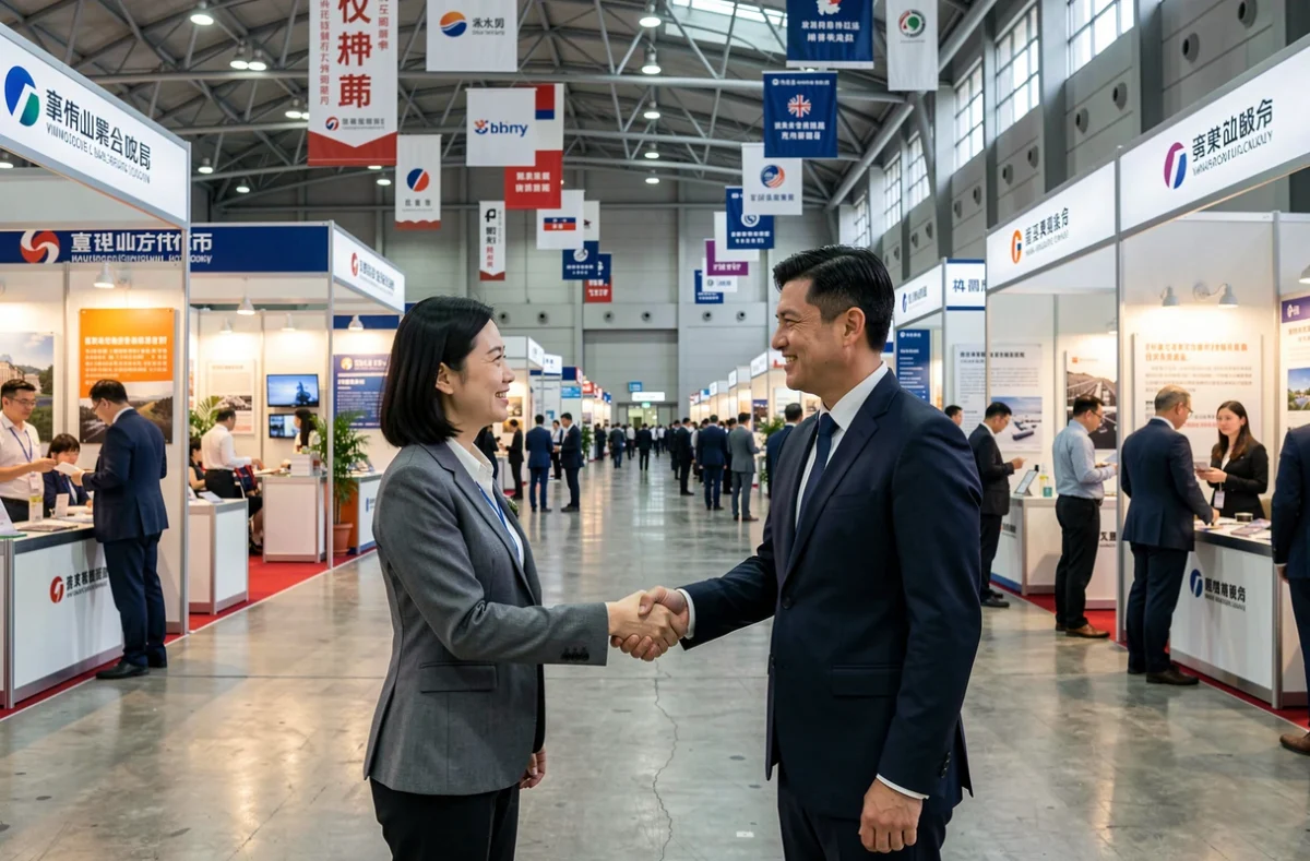 Échange de cartes de visite entre professionnels lors d'un salon commercial à Guangzhou, symbole des relations d'affaires sino-occidentales