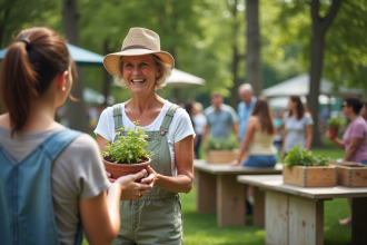 Femme souriante échangeant une plante lors d'un événement communautaire