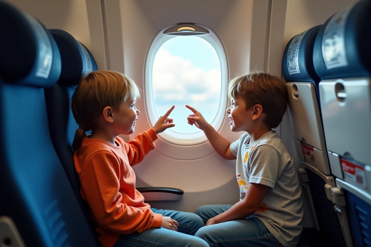 Deux enfants regardant par le hublot d'un avion avec émerveillement pendant un vol Transavia